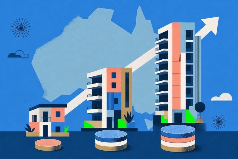 Geometric low-rise, mid-rise and high-rise buildings showing increasing strata fees across Australia