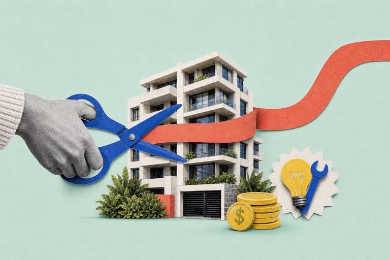 Scissors cutting a rising cost ribbon around an apartment building to reduce strata fees
