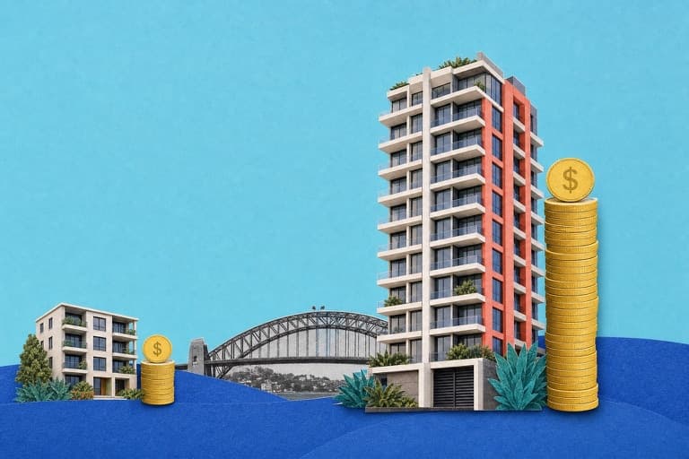 Sydney apartment buildings and increasing strata fee coin stacks beside the harbour