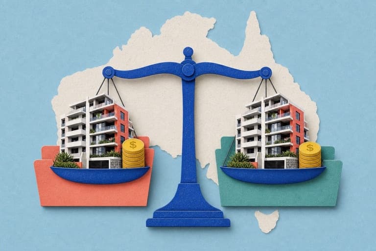 Balanced scale holding identical strata and body corporate apartment buildings
